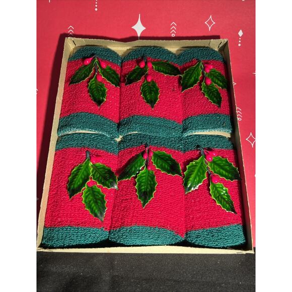 VTG MCM 6 Red & Green Terry Cloth Christmas Koozies W/Holly Original Box - Picture 1 of 4